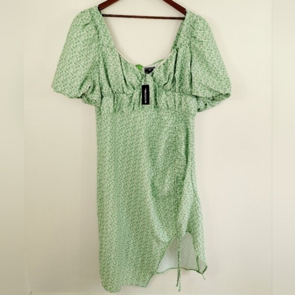 Prettylittlething Plus Floral Puff Sleeve Ruched Side Split Midi Dress Size 18 - Picture 1 of 8